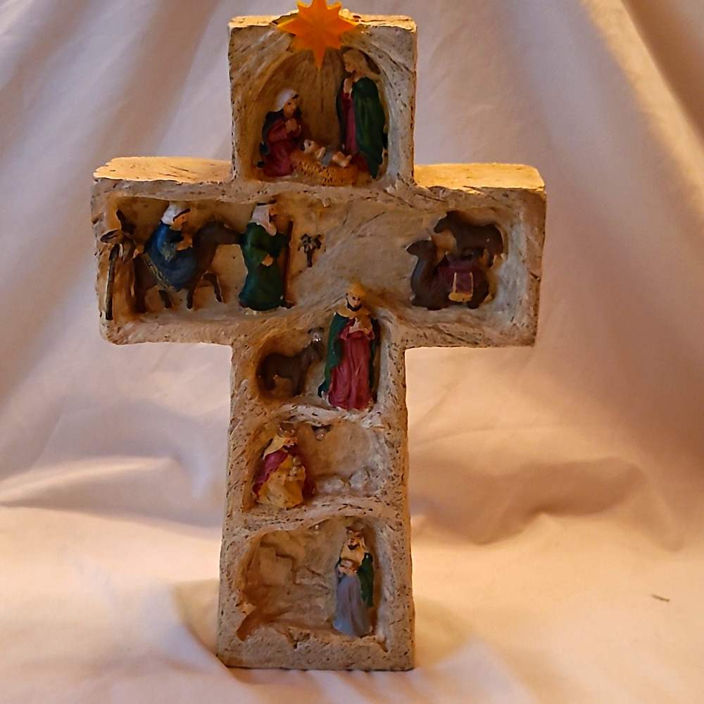 Collections Etc Lighted Nativity Scene Cross Table Decor Christianity